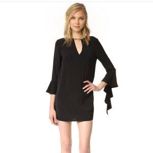 Rare C/MEO Collective black V-neck mini dress with unique flare sleeves